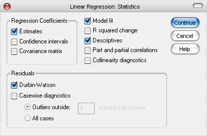 Dialog Box Linear Regression: Statistics
