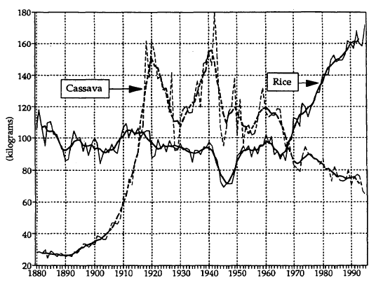 Chart of per capita domestic gross supply for rice and cassava from 1880 to 1995 at Nederlands-Indië or Indonesia. Bagan pasokan bruto domestik per kapita untuk beras dan singkong dari tahun 1880 hingga 1995 di Hindia Belanda atau Indonesia.
