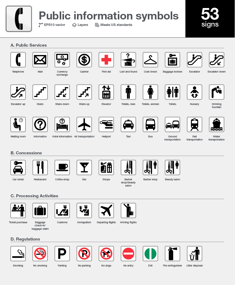 DOT Pictogram for public information symbols: telephone, mail, first aid, information, helvetica man, toilet, escalator (up), nursery, ground transportation, etc.